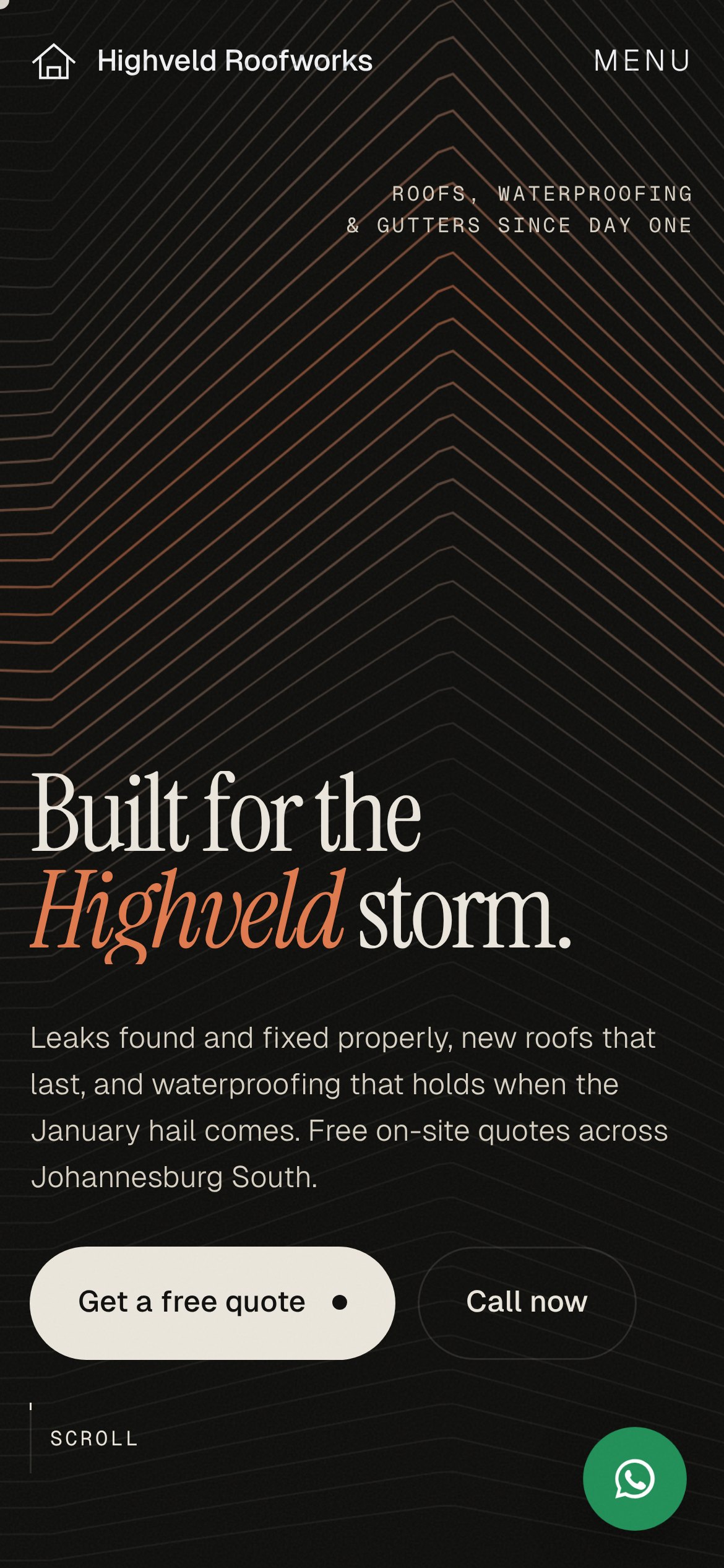 Highveld Roofworks website on a phone