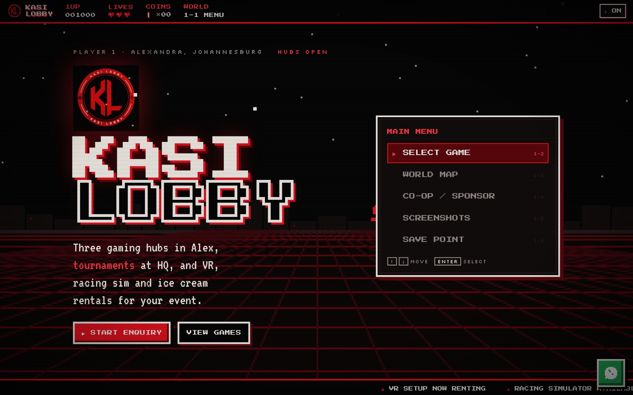 Kasi Lobby website on desktop: a retro game title screen with a pixel KASI LOBBY logo and a main menu